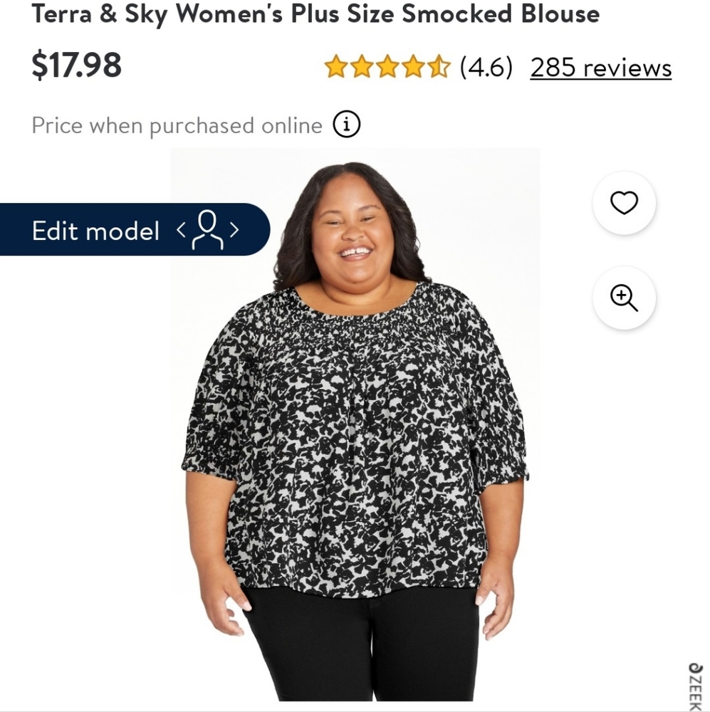Terra & Sky, 3x/24w-26w, Plus Size, Smocked Blouse, Black & White